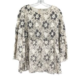 John Mark Floral Lace Linen Blend Blouse Cottagecore Ruffle Bell Sleeve Top
